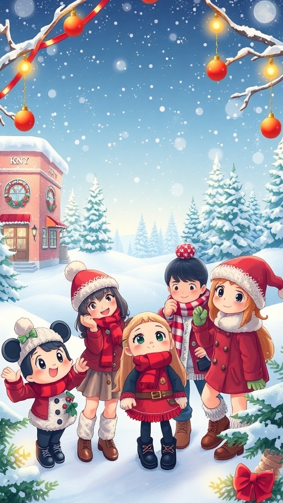 KNY characters in Christmas attire in a snowy background with holiday decorations.